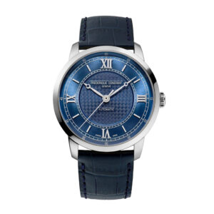 38.5MM FREDERIQUE CONSTANT CLASSICS PREMIERE AUTOMATIC WATCH WITH BLUE ROMAN DIAL AND LEATHER STRAP
