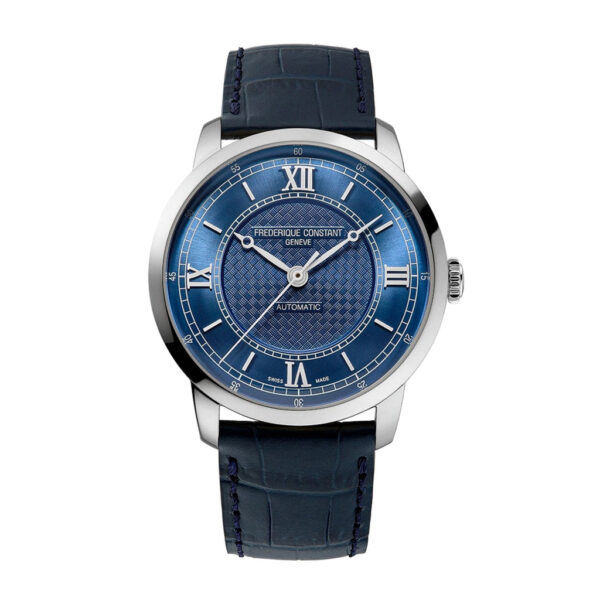 38.5MM FREDERIQUE CONSTANT CLASSICS PREMIERE AUTOMATIC WATCH WITH BLUE ROMAN DIAL AND LEATHER STRAP