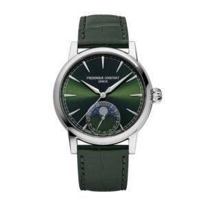 40MM FREDERIQUE CONSTANT CLASSIC MOONPHASE DATE AUTOMATIC WATCH WITH GREEN DIAL AND GREEN LEATHER STRAP