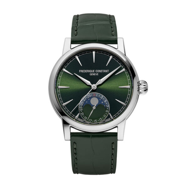 40MM FREDERIQUE CONSTANT CLASSIC MOONPHASE DATE AUTOMATIC WATCH WITH GREEN DIAL AND GREEN LEATHER STRAP