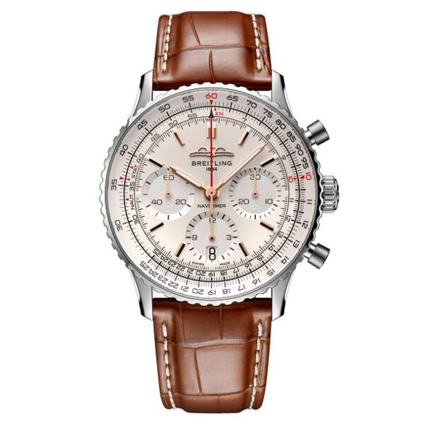 Breitling Navitimer B01 Chronograph 41 Silver Dial Brown Leather Strap Watch - AB0139211G1P1
