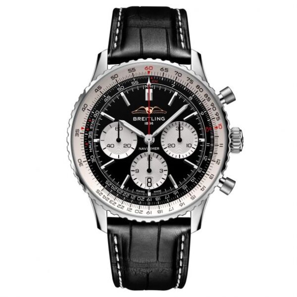 Breitling Navitimer B01 Chronograph 43 Black Dial Black Leather Strap Watch - AB0138211B1P1