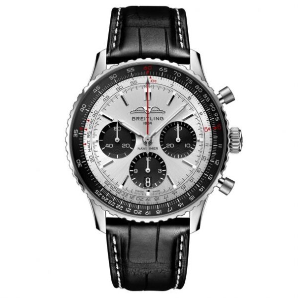 Breitling Navitimer B01 Chronograph 43 Silver Dial Black Leather Strap Watch - AB0138241G1P1