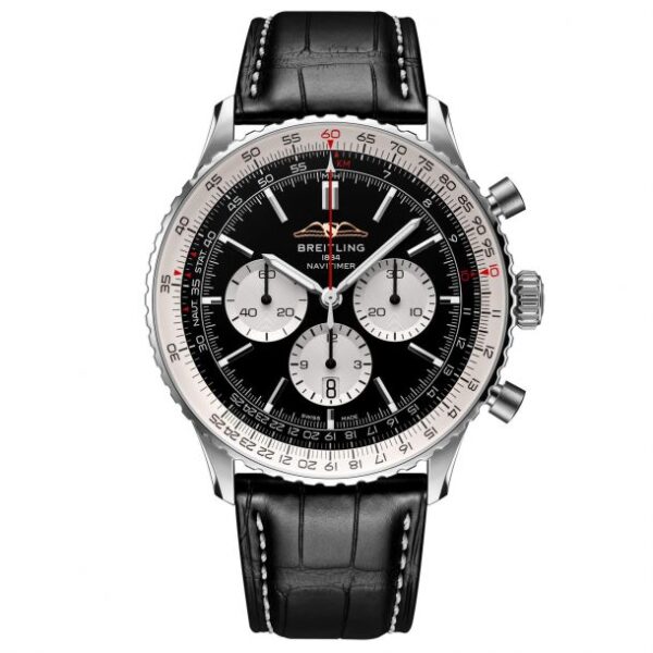 Breitling Navitimer B01 Chronograph 46 Black Dial Black Leather Strap Watch - AB0137211B1P1