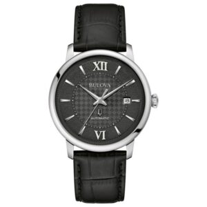 Bulova Hudson Automatic Black Dial Black Leather Strap Watch 39mm - 96B441