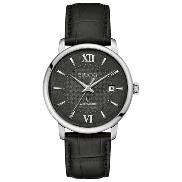 Bulova Hudson Automatic Black Dial Black Leather Strap Watch 39mm - 96B441