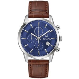 Bulova Sutton Chronograph Blue Dial Brown Leather Strap Watch 41mm - 96B402