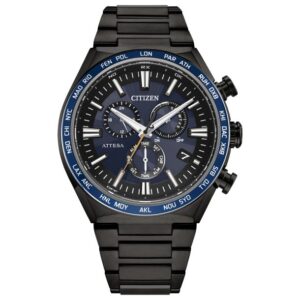 Citizen Eco-Drive Attesa Black DLC Super Titanium Chronograph Blue Dial Watch 42mm - CB5966-69E