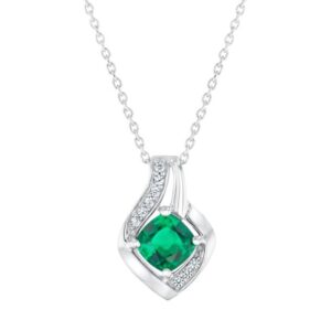 Cushion Created Emerald and Created White Sapphire Sterling Silver Pendant Necklace