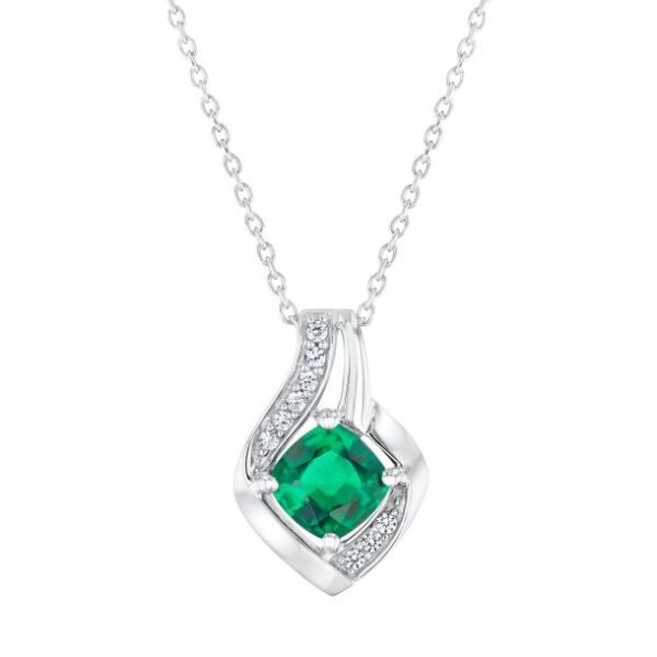 Cushion Created Emerald and Created White Sapphire Sterling Silver Pendant Necklace