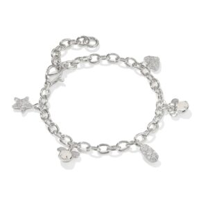 Disney | Kendra Scott Silver Mickey Mouse and Minnie Mouse Charm Bracelet in Iridescent White Mix