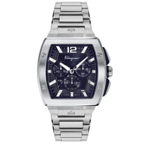 Ferragamo Sport-Luxury F-80 Tonneau Chrono Blue Dial and Stainless Steel Bracelet Watch | 41.8mmx41.8mm | SFKE00423