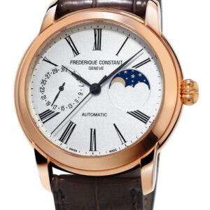 Frederique Constant Classic Moonphase Manufacture Rose Gold Tone Steel Automatic Silver Dial Brown Leather Strap Mens Watch FC-712MS4H4
