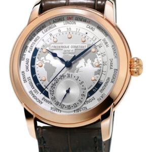 Frederique Constant Classic Worldtimer Manufacture Rose Gold Tone Steel Automatic Silver Dial Brown Leather Strap Mens Watch FC-718WM4H4