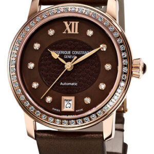 Frederique Constant Classics Automatic Diamond Rose Gold Plated Steel Brown Mother-Of-Pearl Dial Brown Satin Strap Date Womens Watch FC-303CHD2PD4
