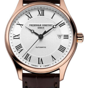 Frederique Constant Classics Automatic Rose Gold PVD Silver Dial Brown Leather Strap Date Mens Watch FC-303MC5B4