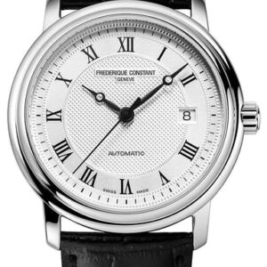 Frederique Constant Classics Automatic Stainless Steel Silver-Tone Dial Black Leather Strap Date Mens Watch FC-303MC4P6