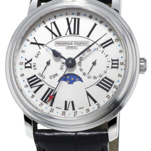 Frederique Constant Classics Business Timer Steel Black Leather Strap Mens Watch Moonphase Day/Date FC-270M4P6