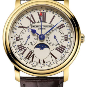 Frederique Constant Classics Business Timer Yellow Gold Plated Steel Ivory Dial Brown Leather Strap Moonphase Day/Date Month/Week Quartz Mens Watch FC-270EM4P5