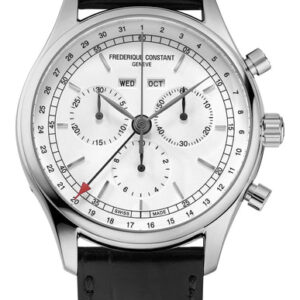 Frederique Constant Classics Chronograph Stainless Steel Silver Dial Black Leather Strap Day/Date Month Quartz Mens Watch FC-296SW5B6
