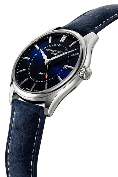 Frederique Constant Classics GMT Stainless Steel Blue Dial Blue Leather Strap Date Quartz Mens Watch FC-252NS5B6