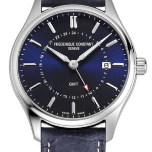 Frederique Constant Classics GMT Stainless Steel Blue Dial Blue Leather Strap Date Quartz Mens Watch FC-252NS5B6