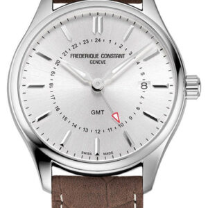 Frederique Constant Classics GMT Stainless Steel Silver Dial Brown Leather Strap Date Quartz Mens Watch FC-252SS5B6