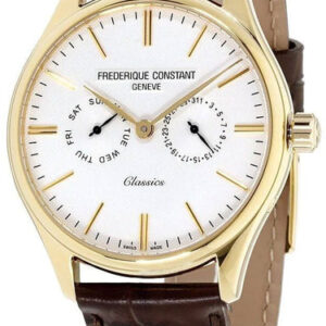Frederique Constant Classics Gold Plated Steel Silver Dial Brown Leather Strap Day/Date Quartz Mens Watch FC-259ST5B5