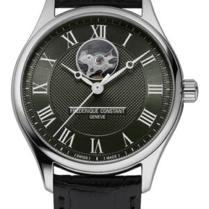 Frederique Constant Classics Heart Beat Automatic Stainless Steel Khaki Green Dial Black Leather Strap Mens Watch FC-310MCK5B6