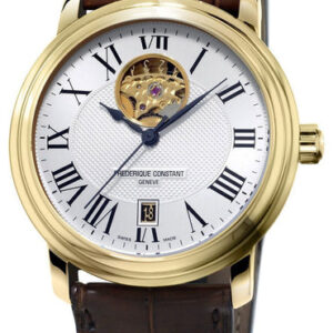 Frederique Constant Classics Heart Beat Automatic Yellow Gold Plated Steel Silver Dial Brown Leather Strap Date Mens Watch FC-315M4P5