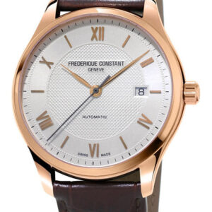 Frederique Constant Classics Index Automatic Rose Gold Tone Steel Silver Dial Date Brown Leather Strap Mens Watch FC-303MV5B4