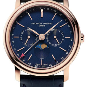 Frederique Constant Classics Index Business Timer Rose Gold Plated Blue Dial Blue Leather Strap Moonphase Day/Date/Week Quartz Mens Watch FC-270N4P4