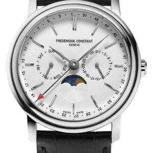 Frederique Constant Classics Index Business Timer Stainless Steel Silver Dial Black Leather Strap Day/Date/Week Moonphase Quartz Mens Watch FC-270SW4P26