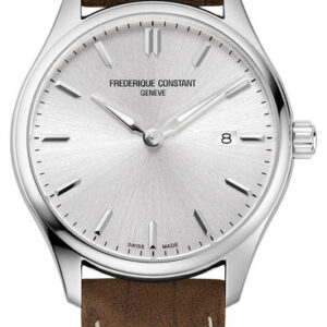 Frederique Constant Classics Stainless Steel Silver Dial Brown Leather Strap Date Quartz Mens Watch FC-220SS5B6