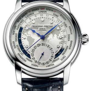 Frederique Constant Classics Worldtimer Manufacture GMT Automatic Stainless Steel Silver Dial Blue Leather Strap Date Mens Watch FC-718WM4H6