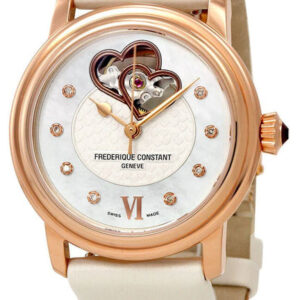 Frederique Constant Double Heart Beat Automatic Rose Gold Plated Steel Mother-Of-Pearl Dial Ivory Satin Strap Diamonds Womens Watch FC-310DHB2P4