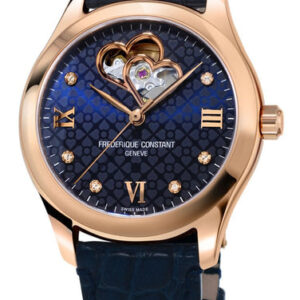 Frederique Constant Double Heart Beat Rose Gold Tone Steel Automatic Diamonds Blue Dial Blue Leather Strap Womens Watch FC-310NDHB3B4