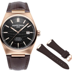Frederique Constant Highlife COSC Automatic Rose Gold Plated Steel Black Dial Brown Leather Strap Interchangeable Brown Rubber Strap Date Mens Watch FC-303B4NH4