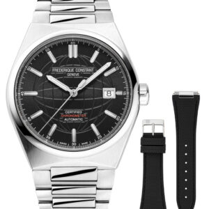 Frederique Constant Highlife COSC Automatic Stainless Steel Black Dial Interchangeable Black Rubber Strap Date Mens Watch FC-303B3NH6B