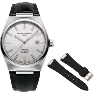 Frederique Constant Highlife COSC Automatic Stainless Steel Silver Dial Black Leather Strap Interchangeable Black Rubber Strap Date Mens Watch FC-303S4NH6