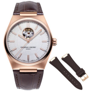 Frederique Constant Highlife Heart Beat Automatic Rose Gold Plated Stainless Steel Silver-Tone Dial Interchangeable Brown Rubber Strap Mens Watch FC-310V4NH4