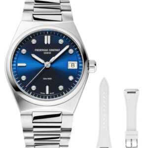 Frederique Constant Highlife Stainless Steel Blue Dial Diamonds Interchangeable White Rubber Strap Date Quartz Womens Watch FC-240ND2NH6B