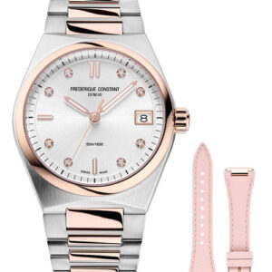 Frederique Constant Highlife Steel and Rose Gold Plated Silver Dial Diamonds Interchangeable Pink Rubber Strap Date Quartz Womens Watch FC-240VD2NH2B