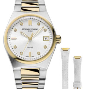 Frederique Constant Highlife Steel and Yellow Gold Plated Silver Dial Diamonds Interchangeable White Rubber Strap Date Quartz Womens Watch FC-240VD2NH3B