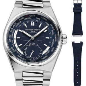 Frederique Constant Highlife Worldtimer Manufacture Automatic GMT Stainless Steel Blue Dial Interchangeable Leather Strap Date Mens Watch FC-718N4NH6B