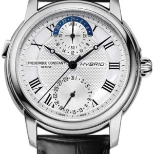 Frederique Constant Hybrid Manufacture Automatic Worldtimer Stainless Steel Silver-Tone Dial Black Leather Date Mens Horological Smartwatch FC-750MC4H6