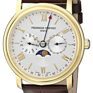 Frederique Constant Persuasion Classics Business Timer Yellow Gold Plated Steel Silver Dial Brown Leather Moonphase Day/Date Quartz Mens Watch FC-270SW4P5