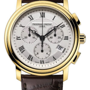 Frederique Constant Persuasion Classics Chronograph Yellow Gold Plated Steel Silver Dial Brown Leather Strap Date Quartz Mens Watch FC-292MC4P5