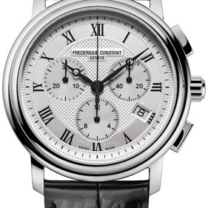 Frederique Constant Persuasion Quartz Chronograph Stainless Steel Silver Dial Black Leather Strap Date Mens Watch FC-292MC4P6
