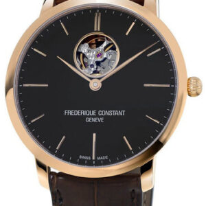 Frederique Constant Slimline Heart Beat Automatic Black Dial Brown Leather Rose Gold Plated Mens Watch FC-312G4S4